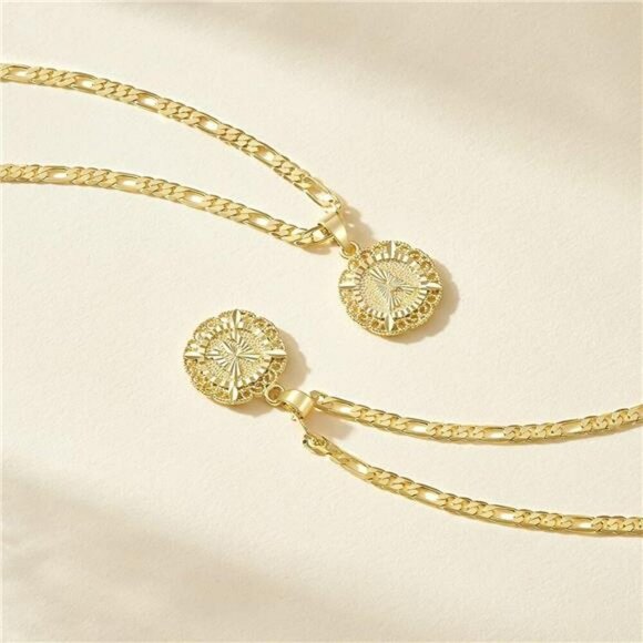 Gold Initial Pendant Necklace Figaro Chain A to Z Monogram Letter Jewelry - Picture 5 of 7